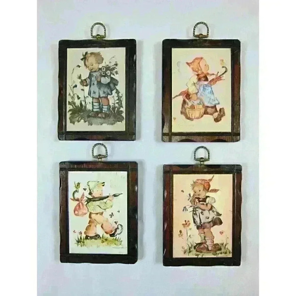 Vintage Hummel Children Wood Wall Plaques Handcrafted Pine Wood Frames Lot of 4 - Picture 2 of 12